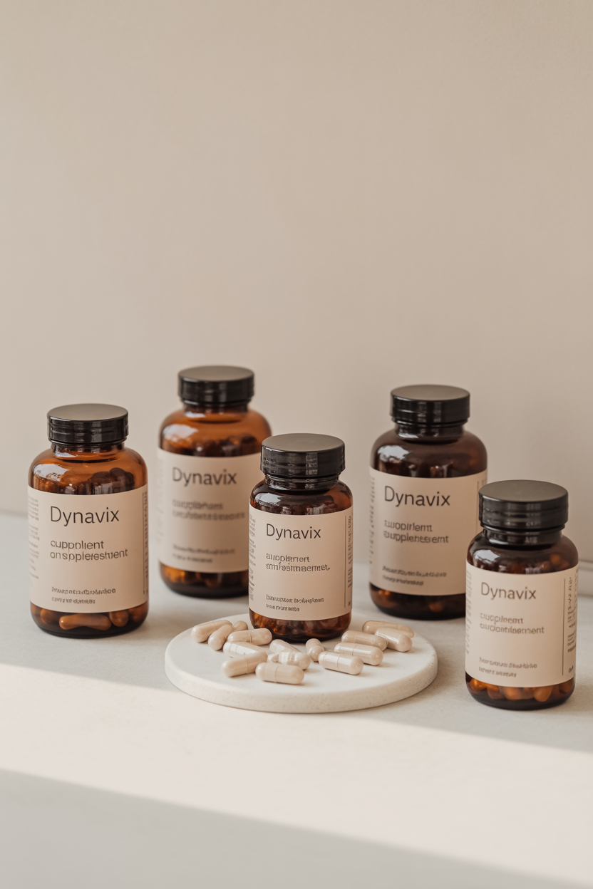 Amber glass supplement bottles arranged on a neutral surface representing Dynavix packaging style